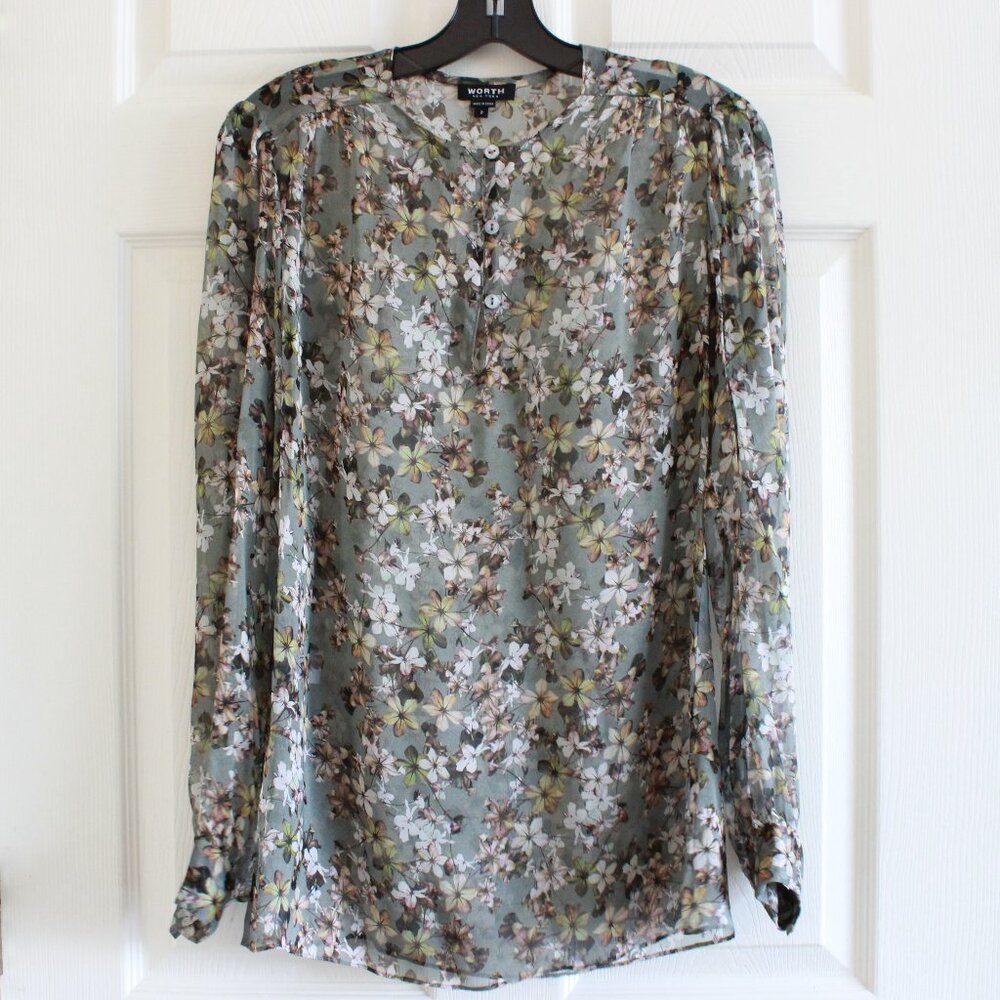 Worth New York Silk Sheer Floral Long Sleeve Grey Split Hem Blouse Whimsical